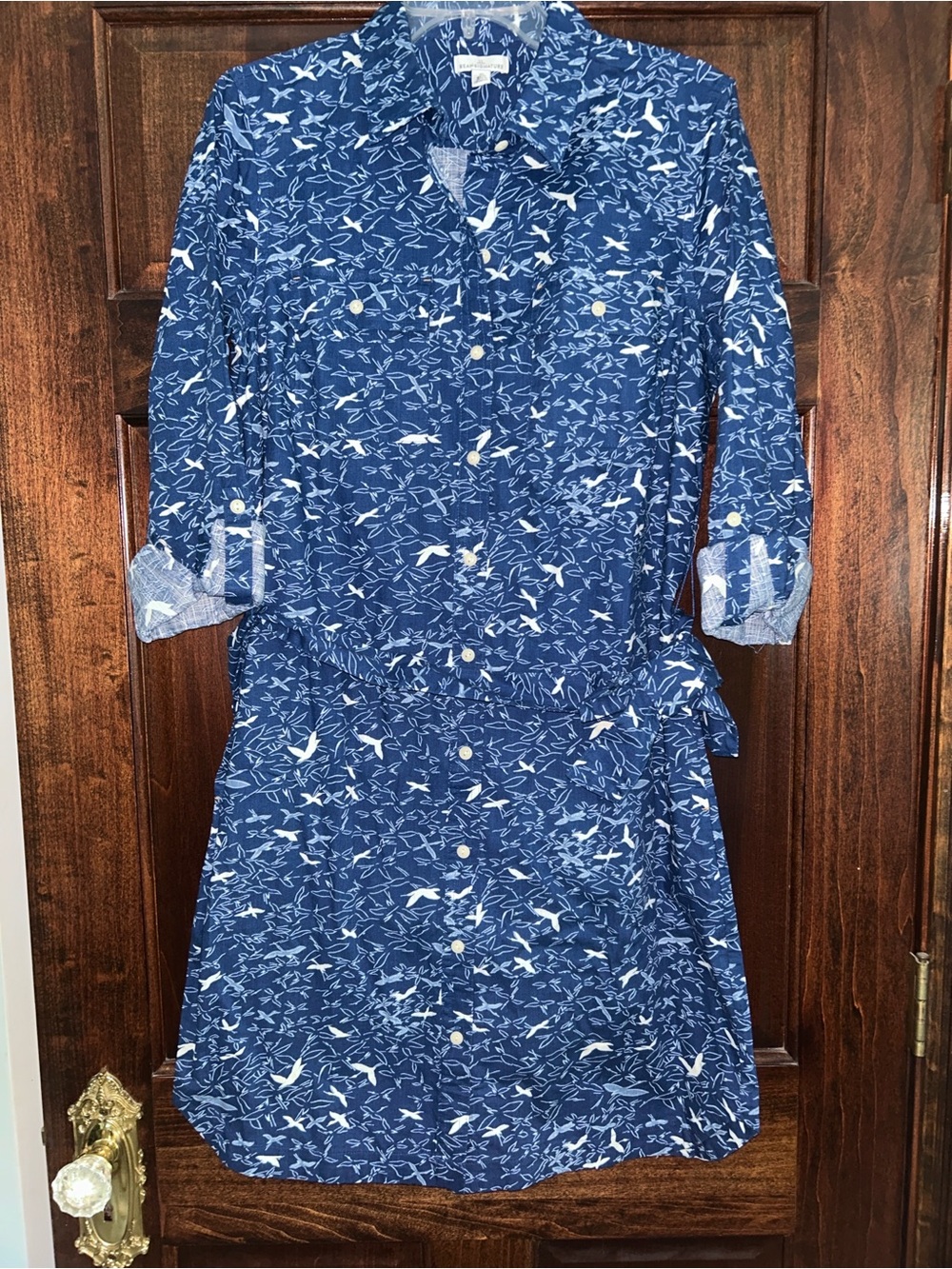 LL bean Signature Collection Blue Printed Long-Sleeve Shirt Dress M NWT